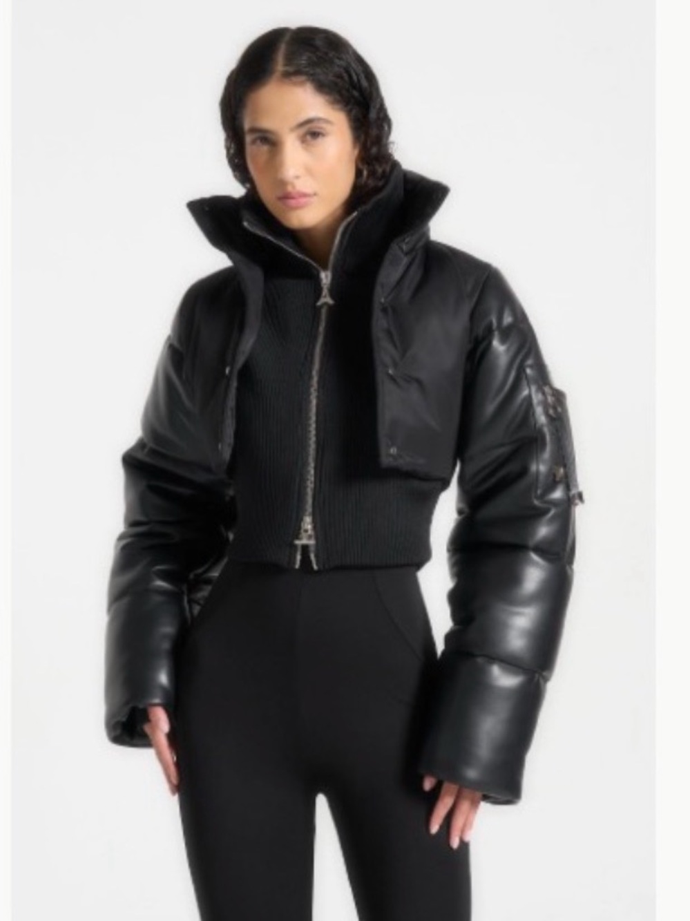 Maniere De Voir Black Cropped Leather-Look Puffer Jacket